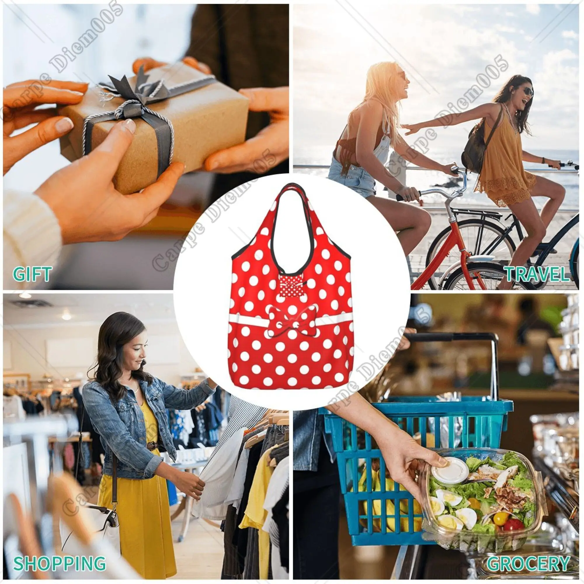 Polka Dots Bow Cartoon Character Women Shopping Bag Foldable Shopping Bag Portable Tote Bag Grocery Bags Eco-friendly One Size