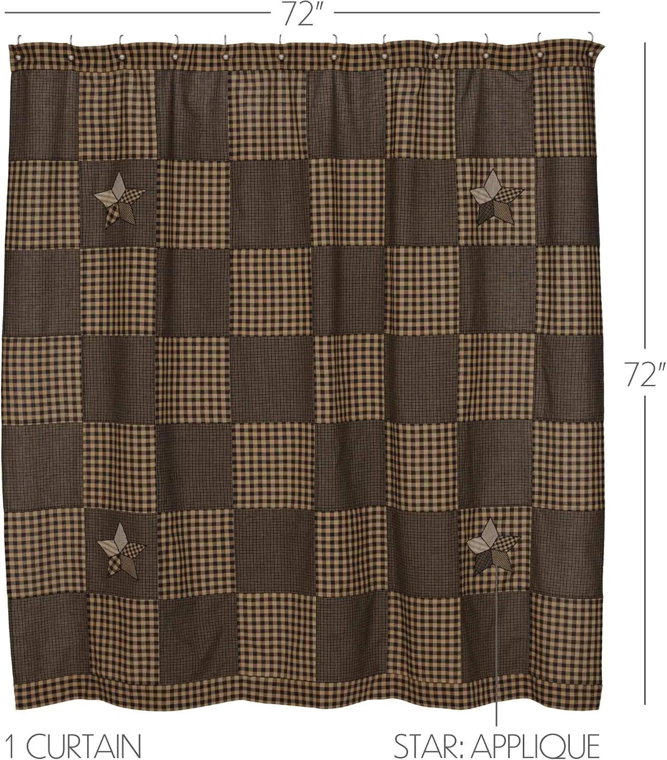 Farmhouse Star Shower Curtain 72x72 Inches, 100% Cotton Machine Washable Plaid Bathroom Curtain with Star Applique, Rustic Farmhouse Decor for Bathroom New