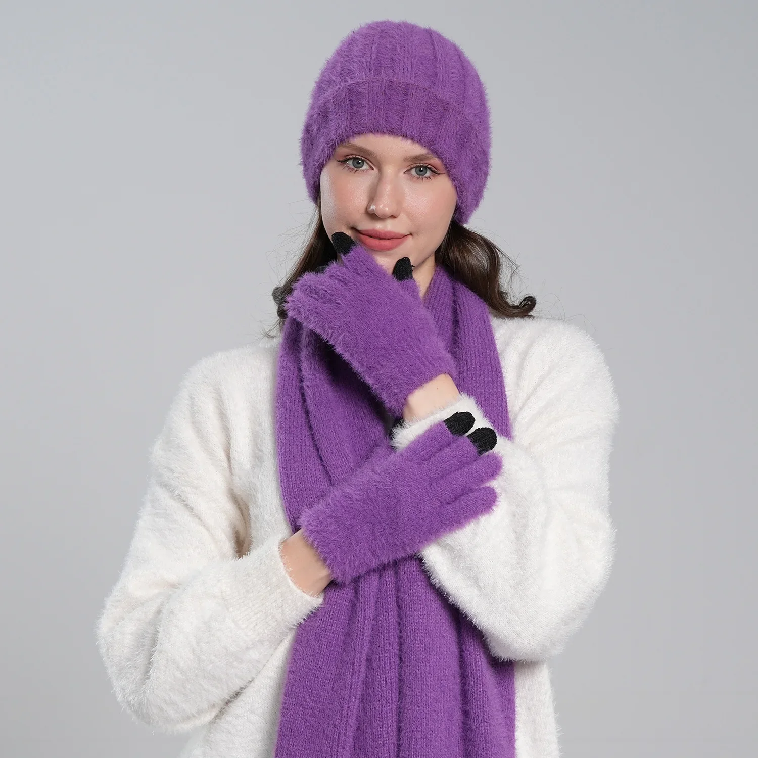 Winter Knit Hat Scarf Gloves Touch Screen 3 Piece Set for Men Women Adults Outdoor Cold Thermal Accessories Gift