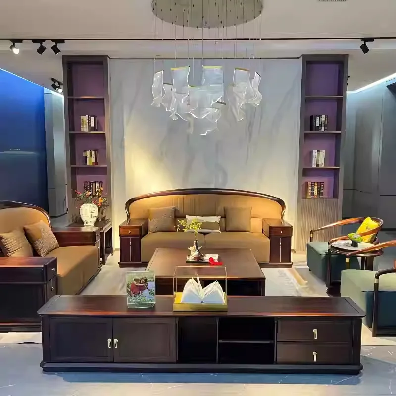 

Customizable new Chinese high-end ebony solid wood sofa top layer leather high-end villa living room furniture