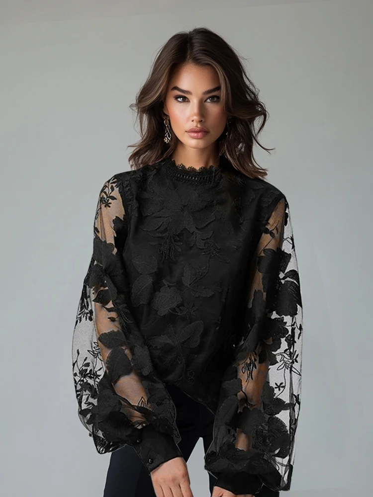 

Women's Shirt Transparent Round Neck Lace Patch Puff Sleeve Long Sleeve Elegant Party Shirt Street Female Shirt & Blouses Top