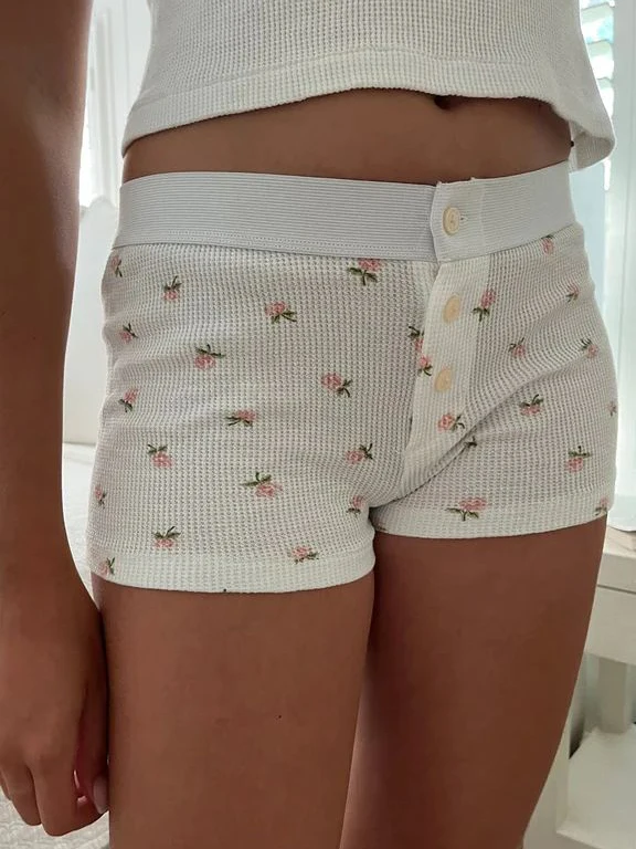 Short Gaufré à Imprimé Floral pour Femme, Taille Haute artificiel astique, Trois lèvent, Pantalon Court Droit, Mode Décontractée, Doux, Mignon, Sous-Vêtements pour la Maison