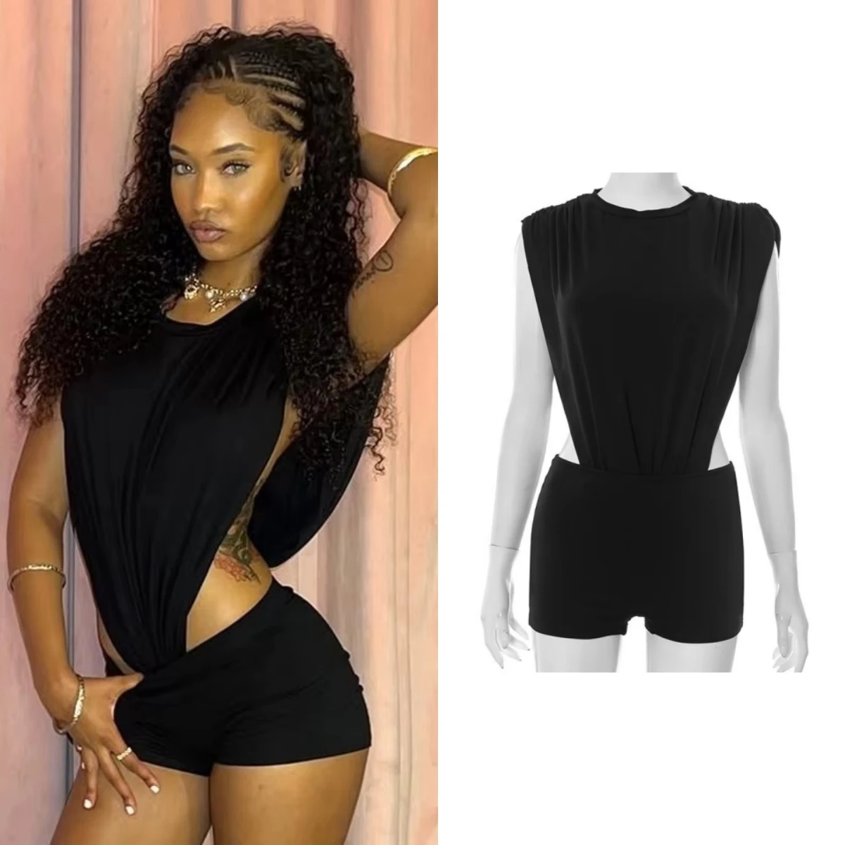 

2025 Sleeveless Streetwear Tank Top Mini Short Sexy 2 Piece Sets Hollow Out Party Club Bodysuit Y2k Black Shorts Suits For Women