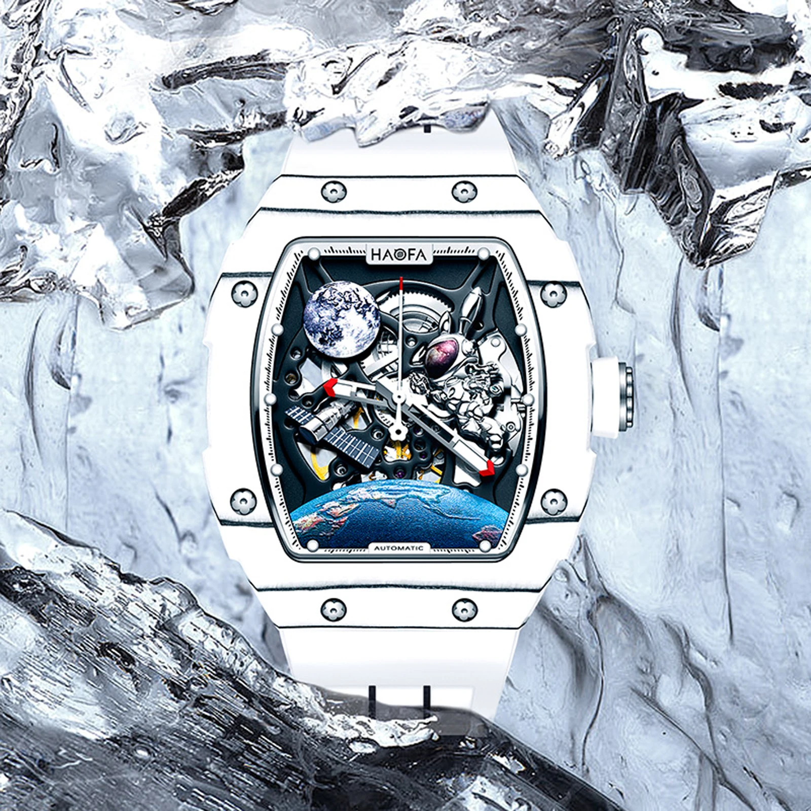 Haofa Automatic Hollow Carbon Fiber Watch for Men 3D Moon Rabbit Mechanical Watch Luminous Interstellar Spaceship Men Watch 1986