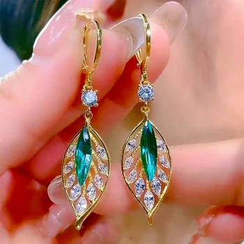 New Green Zircon Leaf Pendant Gold Color Earrings for Women Fashionable Light Luxurious Temperament Girls Daily Wear Jewelry