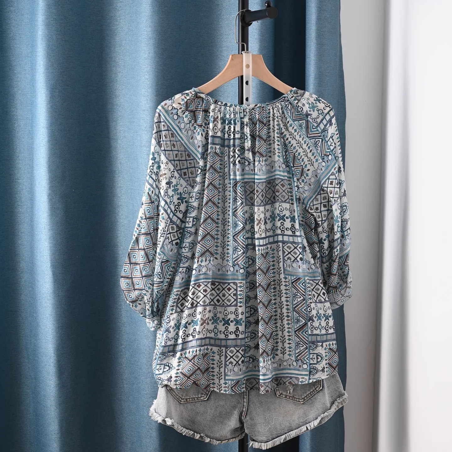 2025 Ethnic shirts and blouses for women summer Mexican style geometric print shirts 3/4 sleeves tops boho clothing