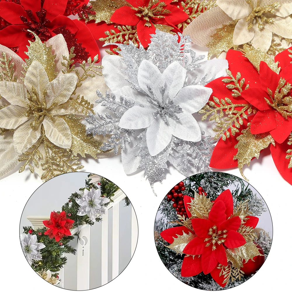 4/8 Stück Rot Gold Silber Weihnachtsblumen-Ornamente Glitzernde Kunstblumen für Weihnachtsbaum, Weihnachten, Neujahrsparty-Dekoration – Detail 3