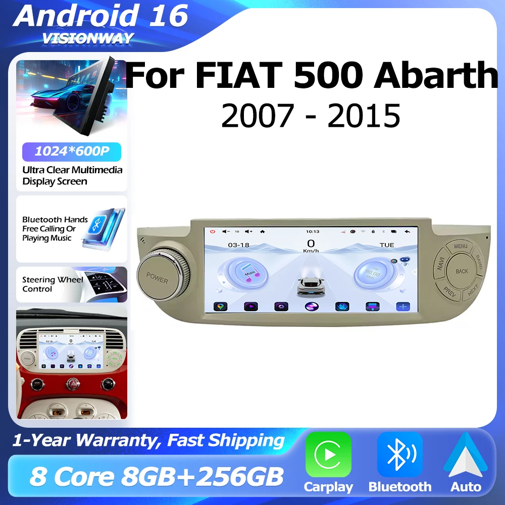 For FIAT 500 Abarth 2007-2015 Car Radio Android 16 Wireless CarPlay Lntelligent Multimedia Player Auto WIFI GPS Touch Screen