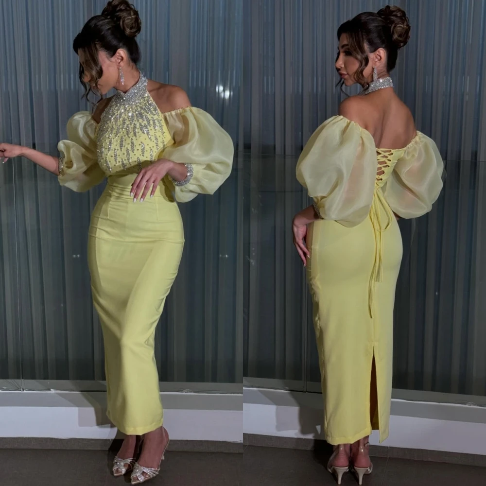 Robe de soirée en Jersey jaune, personnalisée, élégante, col licou, manches courtes, robe de soirée classique, style sirène, dos à lacets, robes de bal
