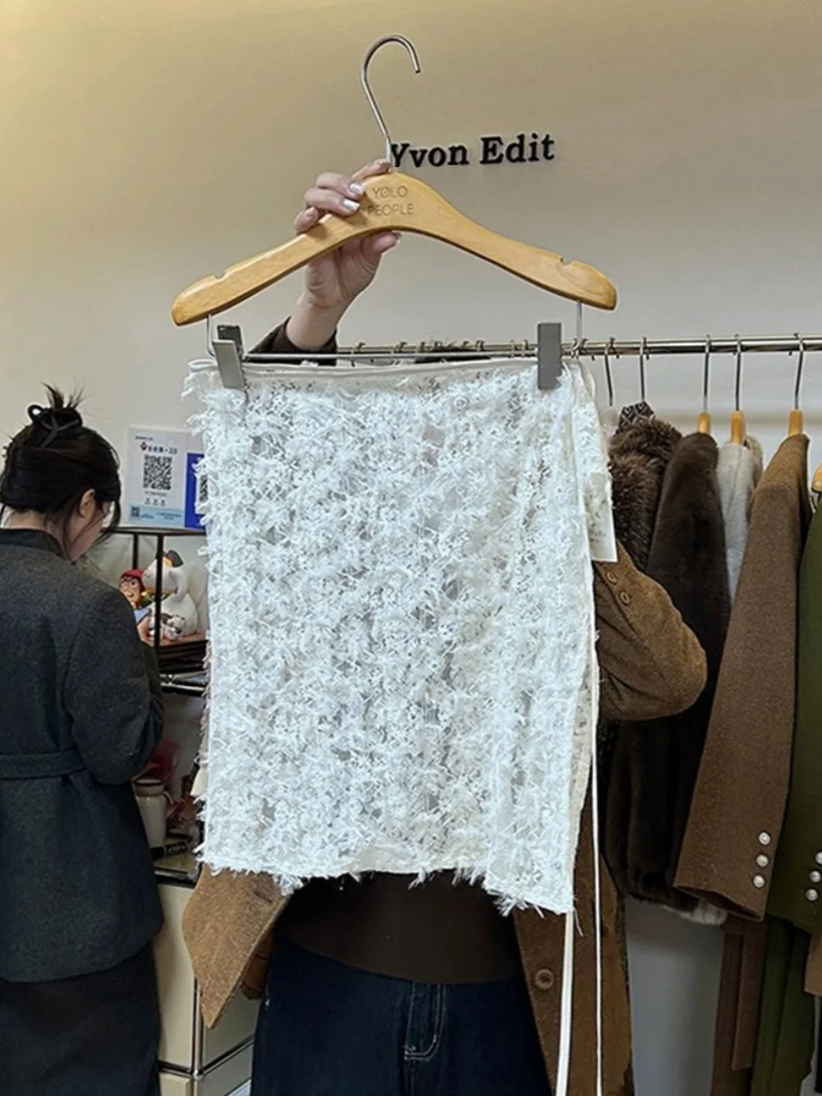 

Сверхлегкая юбка трапециевидной формы с кисточками и перьями, юбка трапециевидной формы с высокой талией, полиэстер для поездок на работу, корейский Sle, чистый цвет