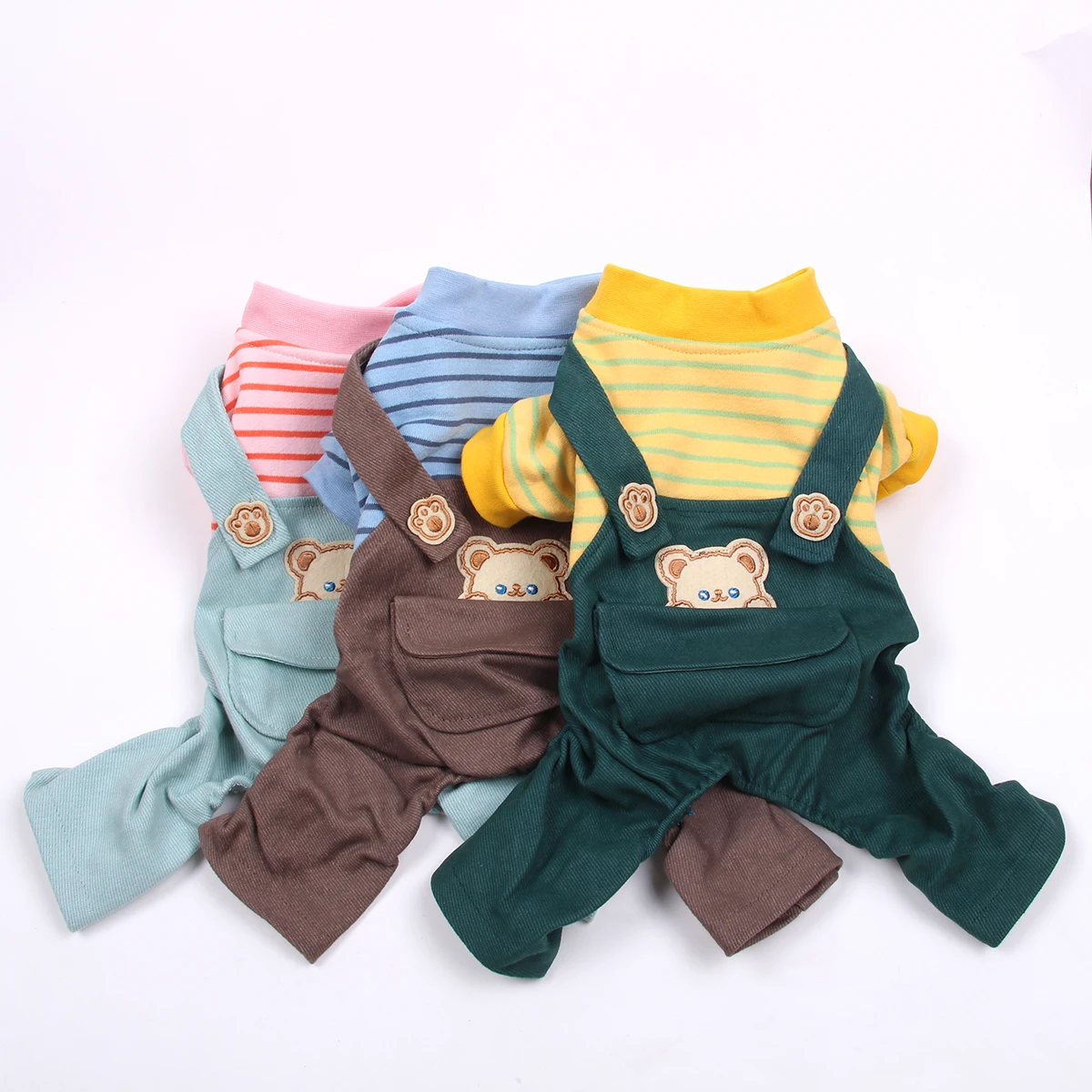 Striped Dog Cat Jumpsuit Rompers Bear Design Dog Coat Jacket Cat Puppy Autumn Clothes Outfit 3 Colours