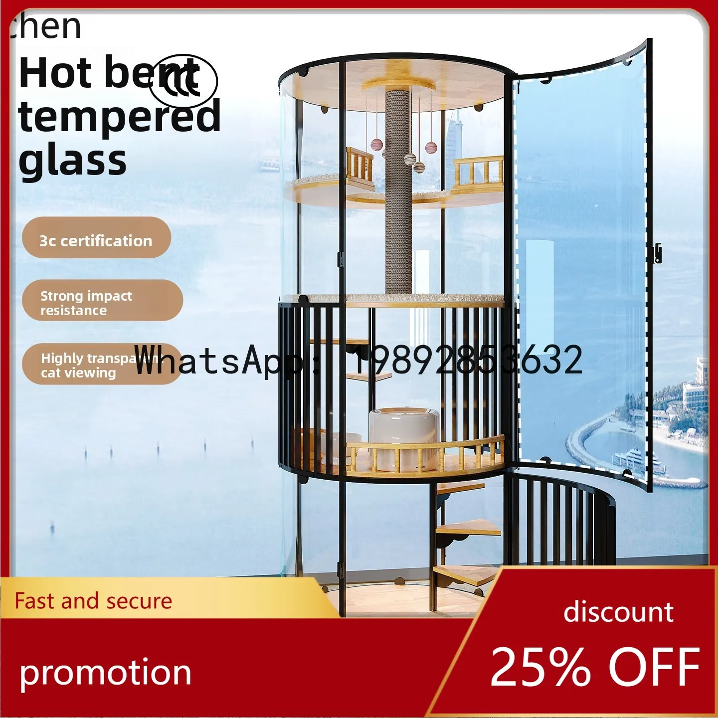 

YFY Panoramic Cat Villa Glass Rotating Luxury Solid Wood Cat House with Toilet for Home Use Extra Large Cat Cage