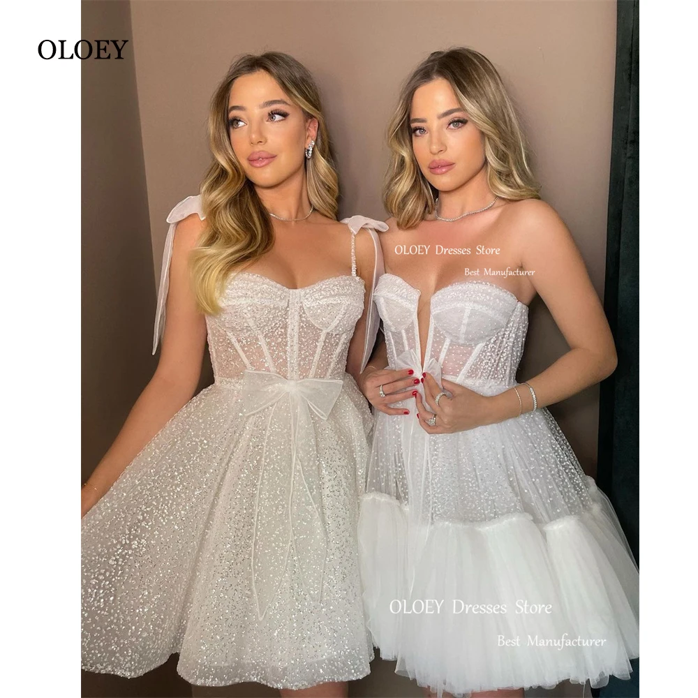 OLOEY Glitter Short Wedding Party Dresses Sweetheart Straps Princess Sparkly Mini Sexy Prom Gowns Bride Dress Robes Mariage