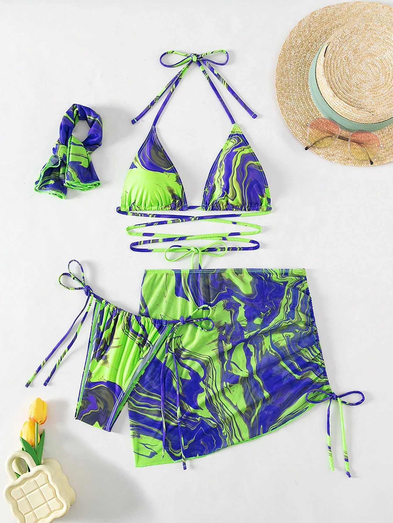 

3 Piece Halter Triangle Bikini Set With Beach Skirt Print Swimwear