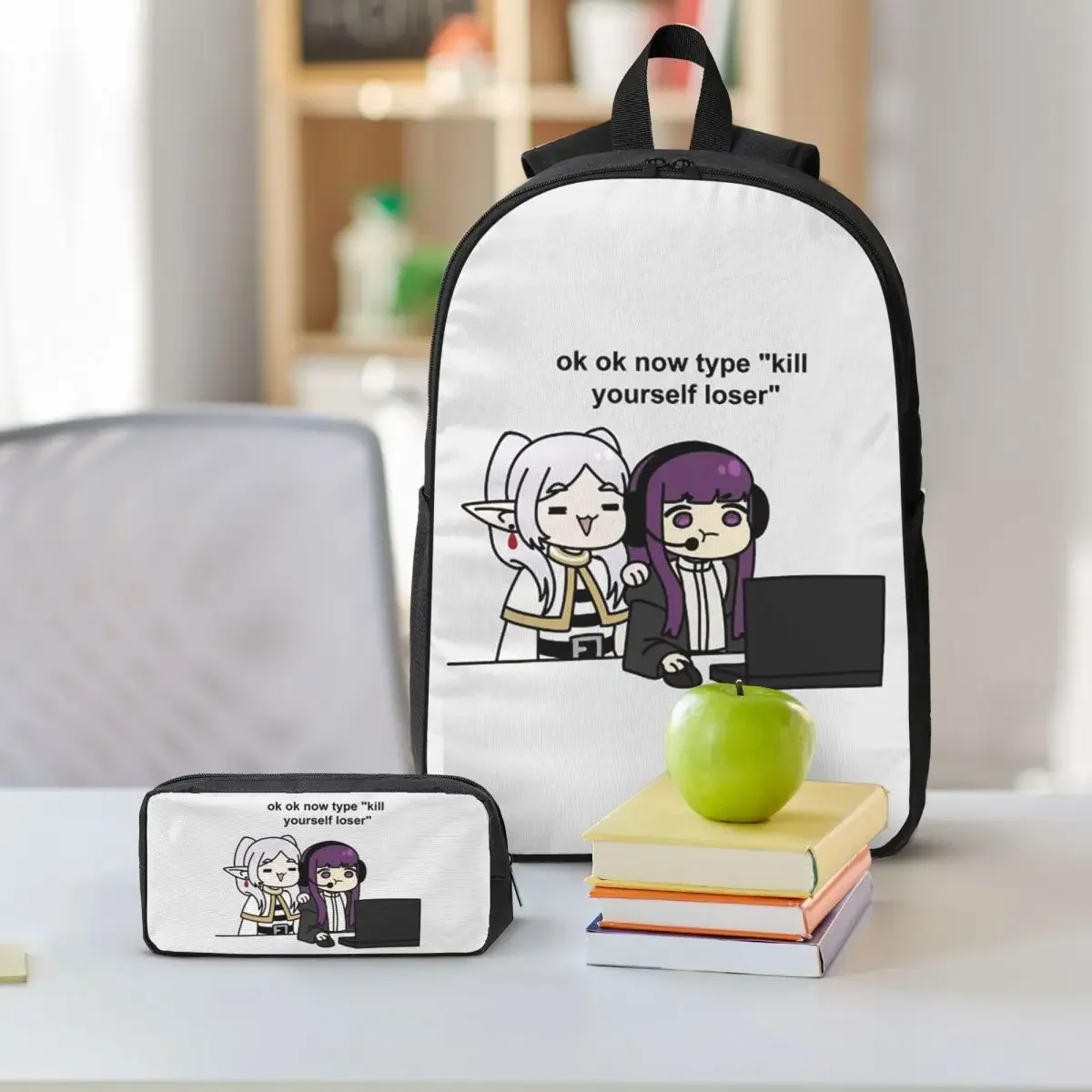 Gamer Fern And Frieren Classic Backpack Boys Girls BookBag School Bag Shoulder Bags 3ps Insulated Lunch Bag Pencil Case