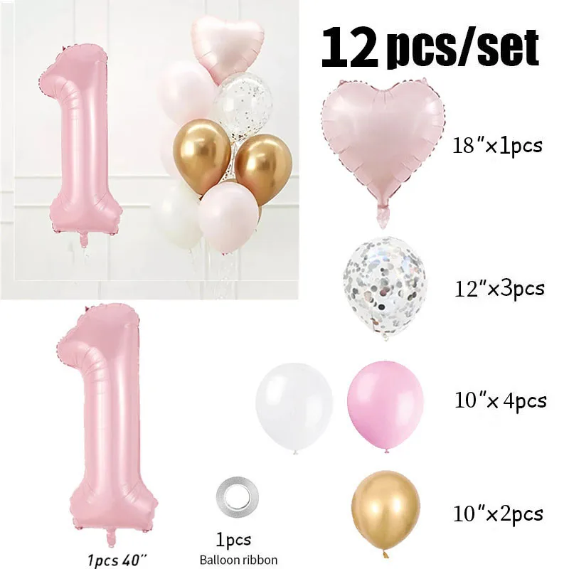 Ballons roses en forme de cœur, 40 pouces, 12 pièces, décorations de fête de 1er anniversaire, fournitures pour enfants filles de 1 2 3 4 5 6 7 8 9 ans