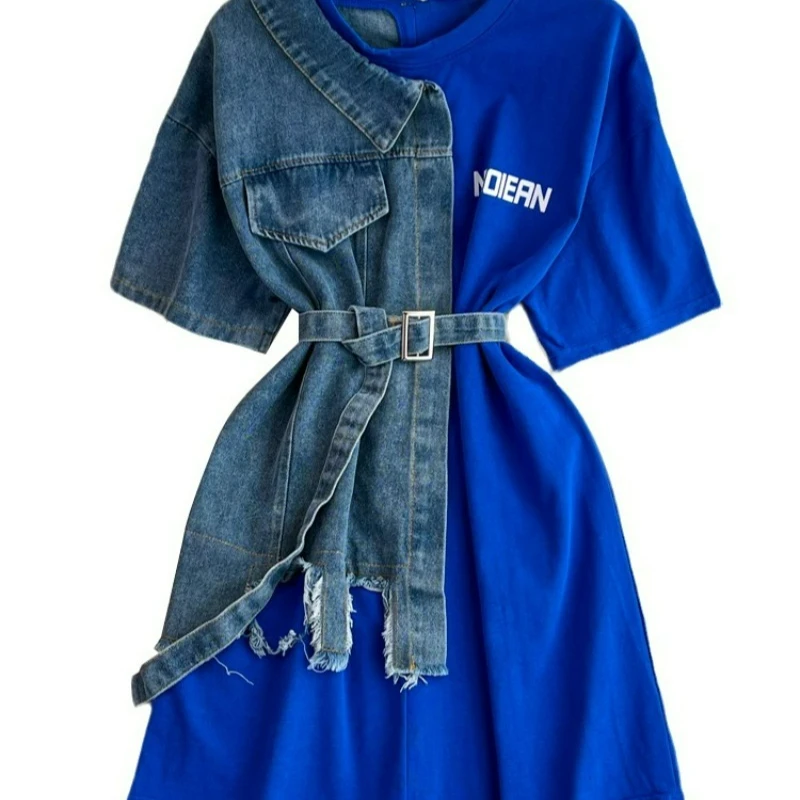 Koszula jeansowa dwukolorowa w stylu retro Hong Kong, stylowa, dopasowana w talii, z okrągłym dekoltem, nowy wiosenny styl, szykowna, codzienna, o średniej długości.