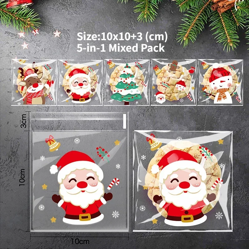 100pcs Christmas Treat Bags - Self-Sealing, Disposable Opp Candy & Cookie Pouches With Festive Cartoon Designs For Holiday Gifti