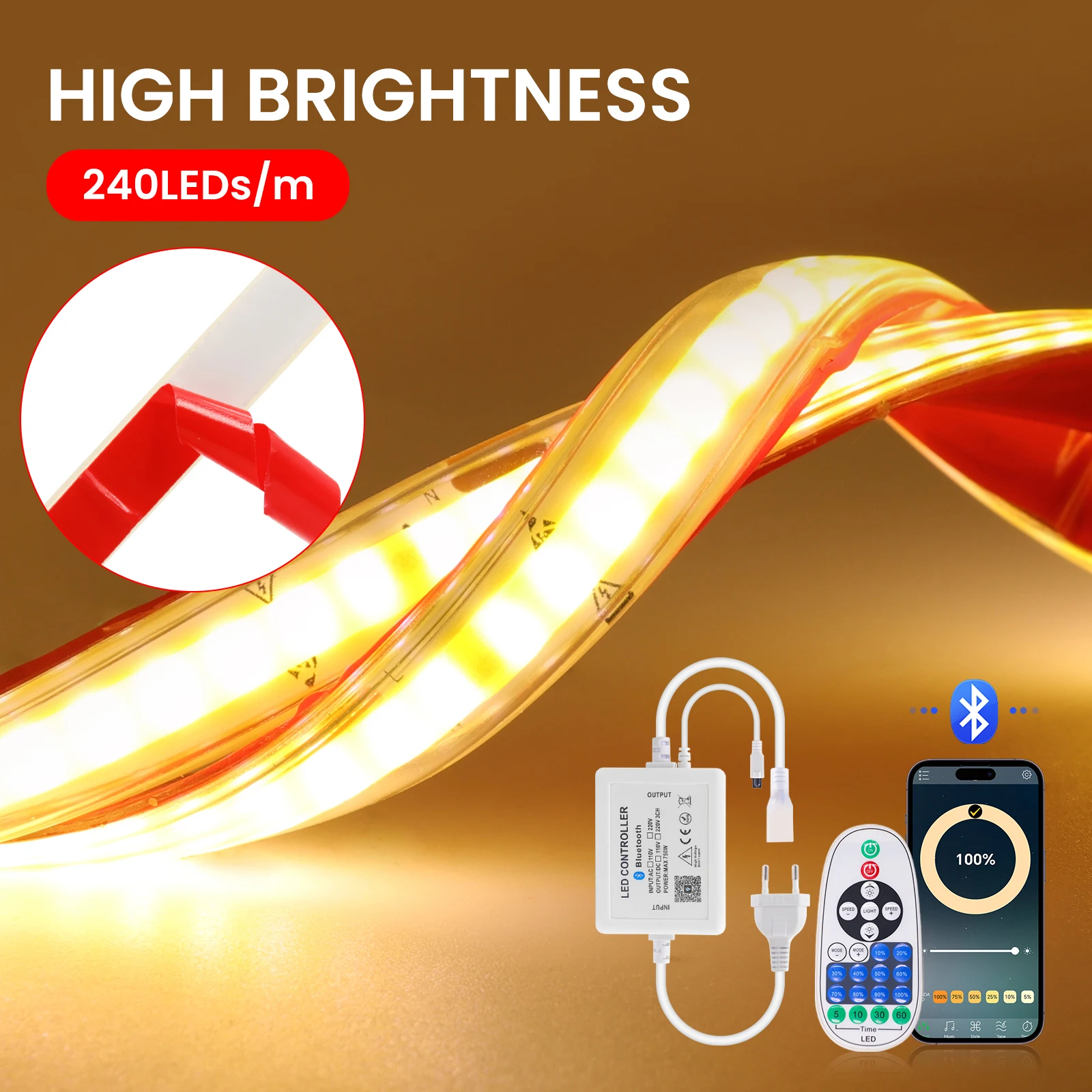 220V Dimmable COB LED Strip Light Waterproof 240Leds/M Adhesive Tape Ribbon with Bluetooth App 23Key Remote Control Power Kit