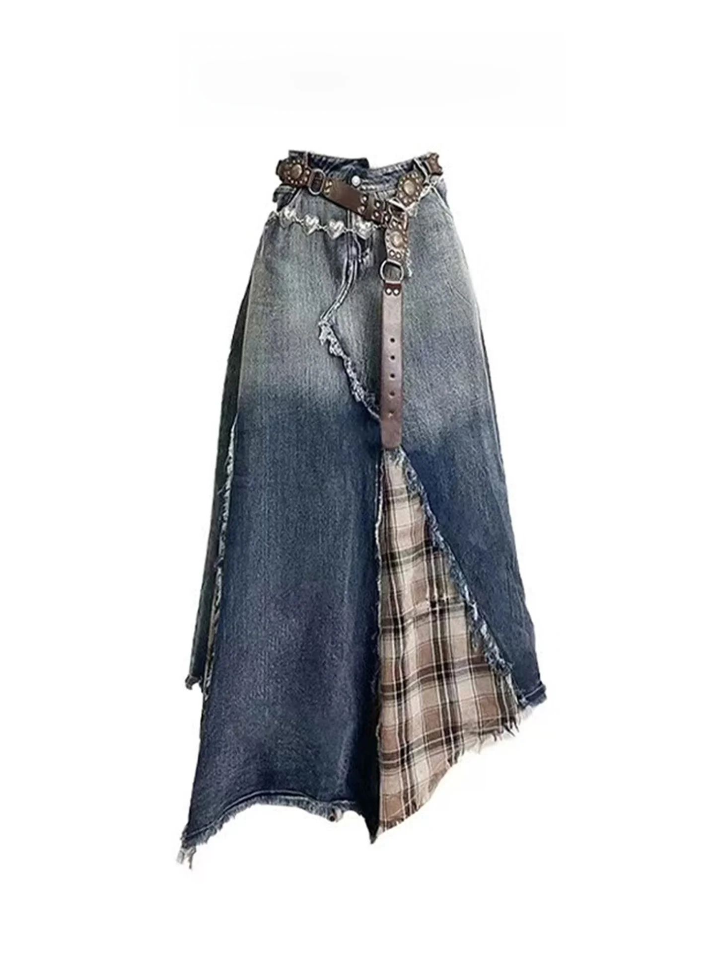 

Y2K Spicy Girl Skirt Plaid Splicing Denim Half-length Spring Summer Design A-line Gradient Skirt for Women High Waist Vintage...