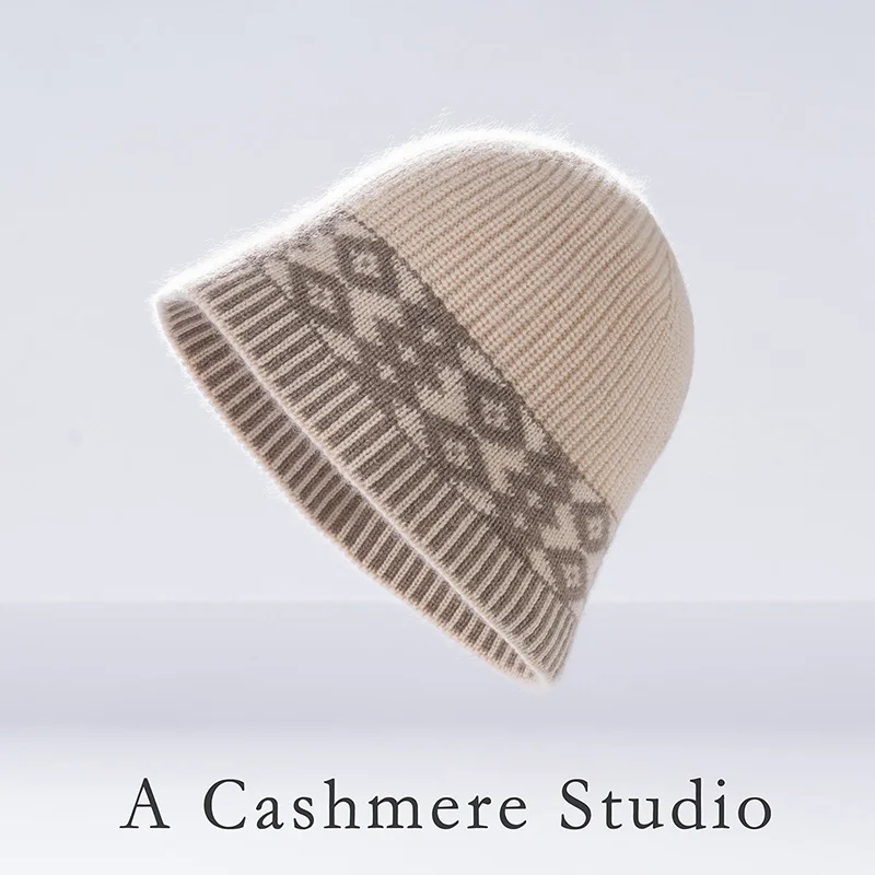 Autumn Winter New Pure Cashmere Hat, Women Jacquard Knitted Yarn Hat, Winter Warm Fisherman Hat, Small Cold Hat, Toe Cap, Trendy