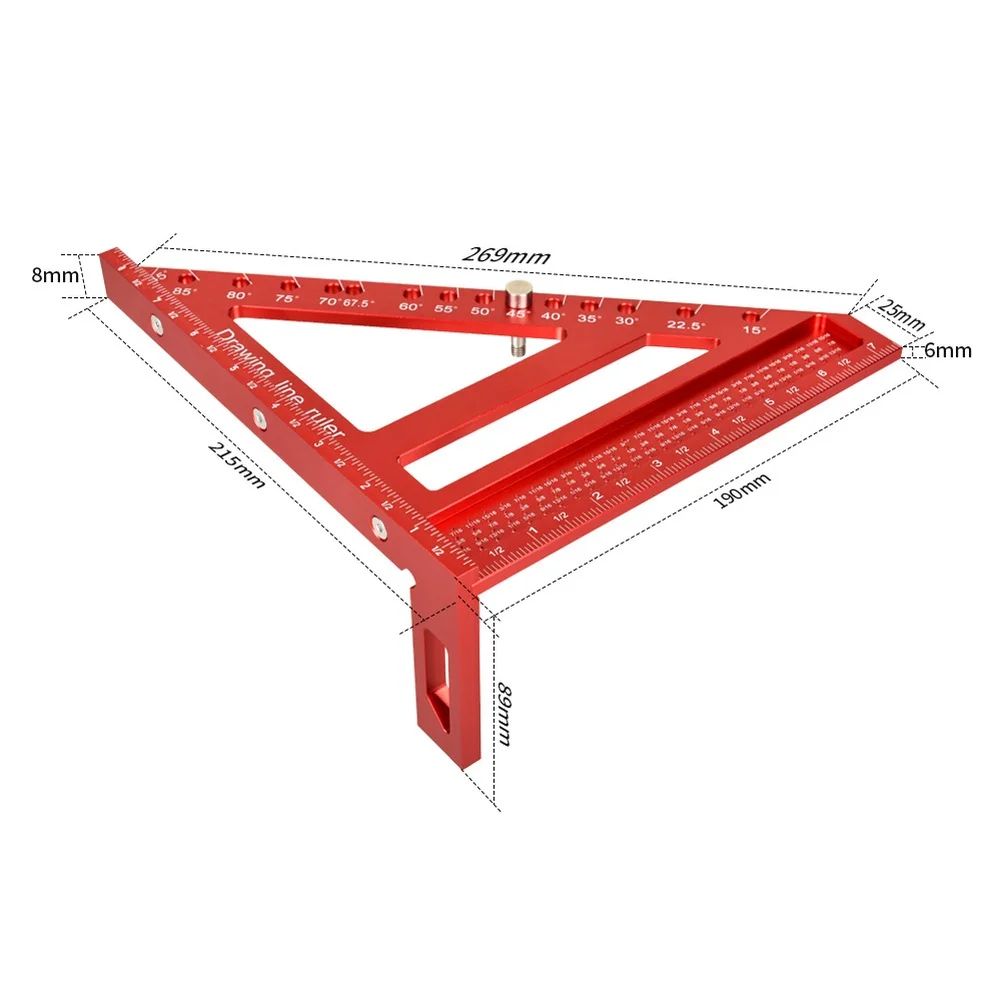 Red 8.5 Inch 3D Aluminum Alloy For Multi Angle Marking Ruler With 45 90 Degree Holes For Woodworking Parallel Line Measuring Too