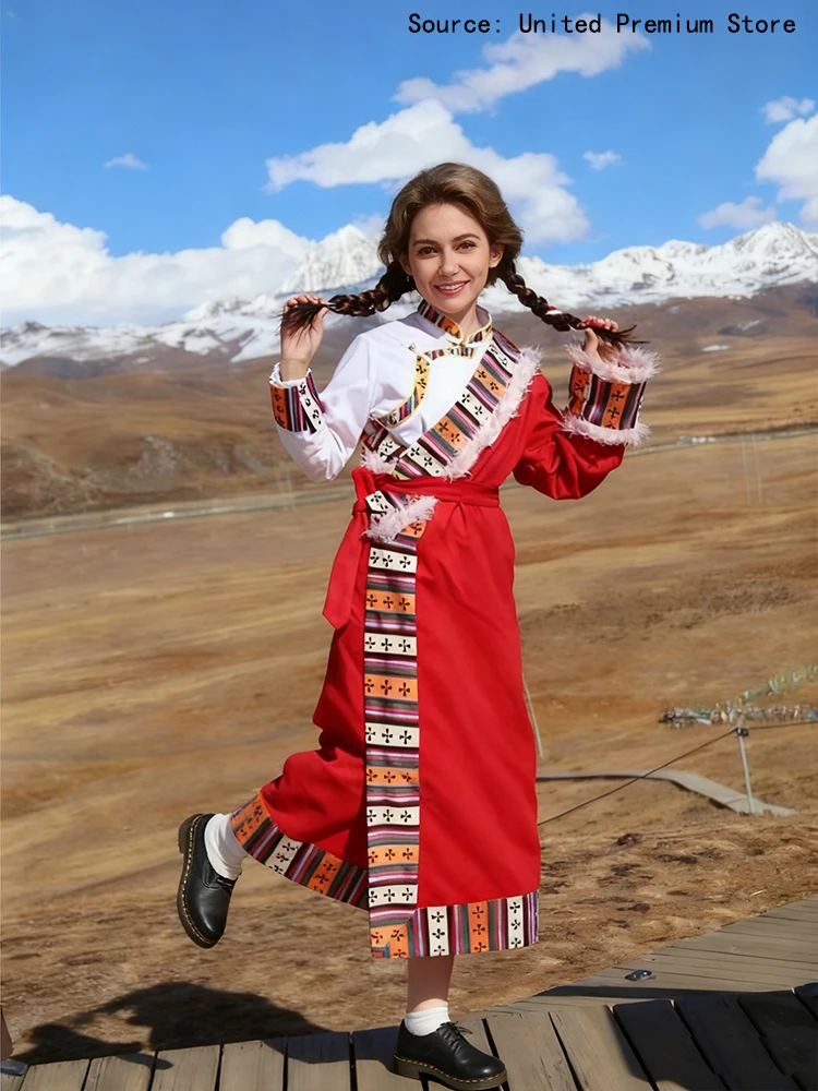 رداء مرجاني تبتي للجنسين شتاء دافئ سميك مخملي كم طويل حفلة الرقص الشعبي له #4