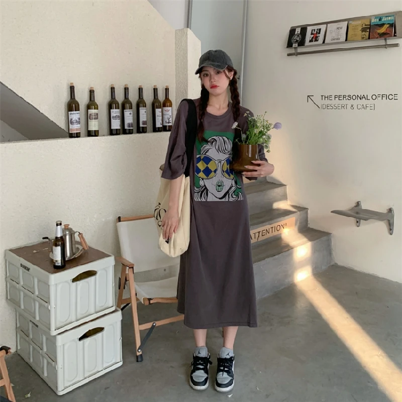 Abito t-shirt a maniche corte larghe Abito estivo da donna Nuovo stile Taglie forti Copri pancia Abiti a mezza manica soprabito a metà polpaccio