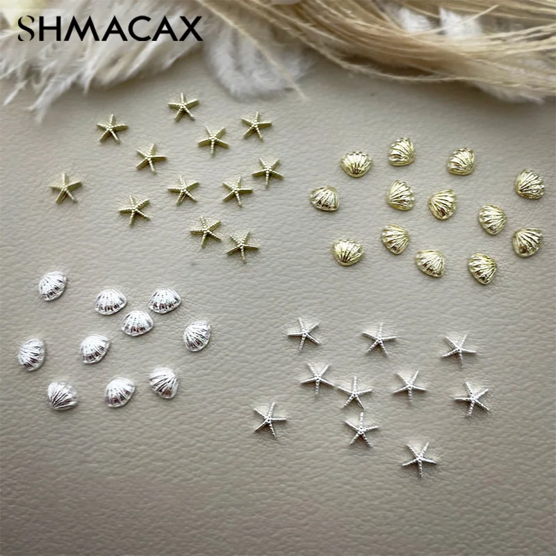 20Pcs Shell Nail Art Charms 3D Alloy Five-Pointed-Star Silver Crystal Diamond Nail Decoration Luxury Manicure Accessories