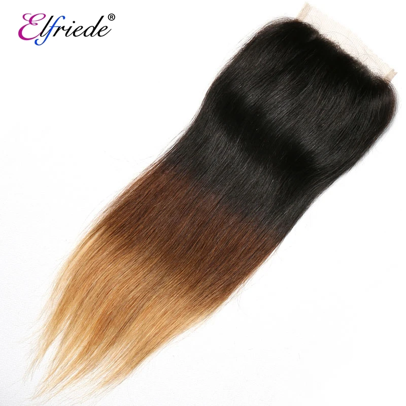 Elfriede #1B/4/27 Straight Ombre Colored Hair Bundles with Closure 100% Remy Human Hair Weave 3 Bundles with Lace Closure 4x4