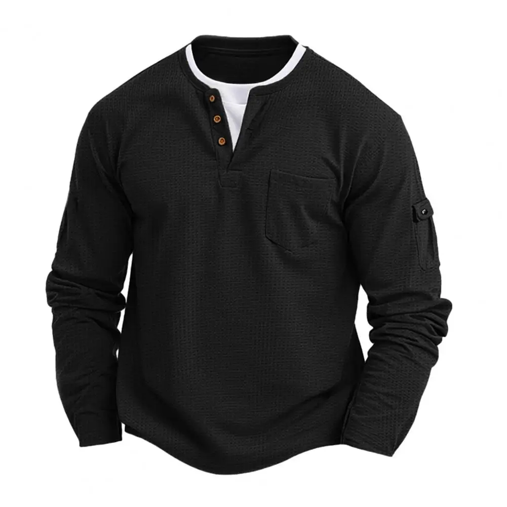 Airsoft Men Fake Layered Shirt Long Sleeve Fake Two-Piece Waffle Shirt with Pockets Casual Loose Fit Textured Pullover for Sport