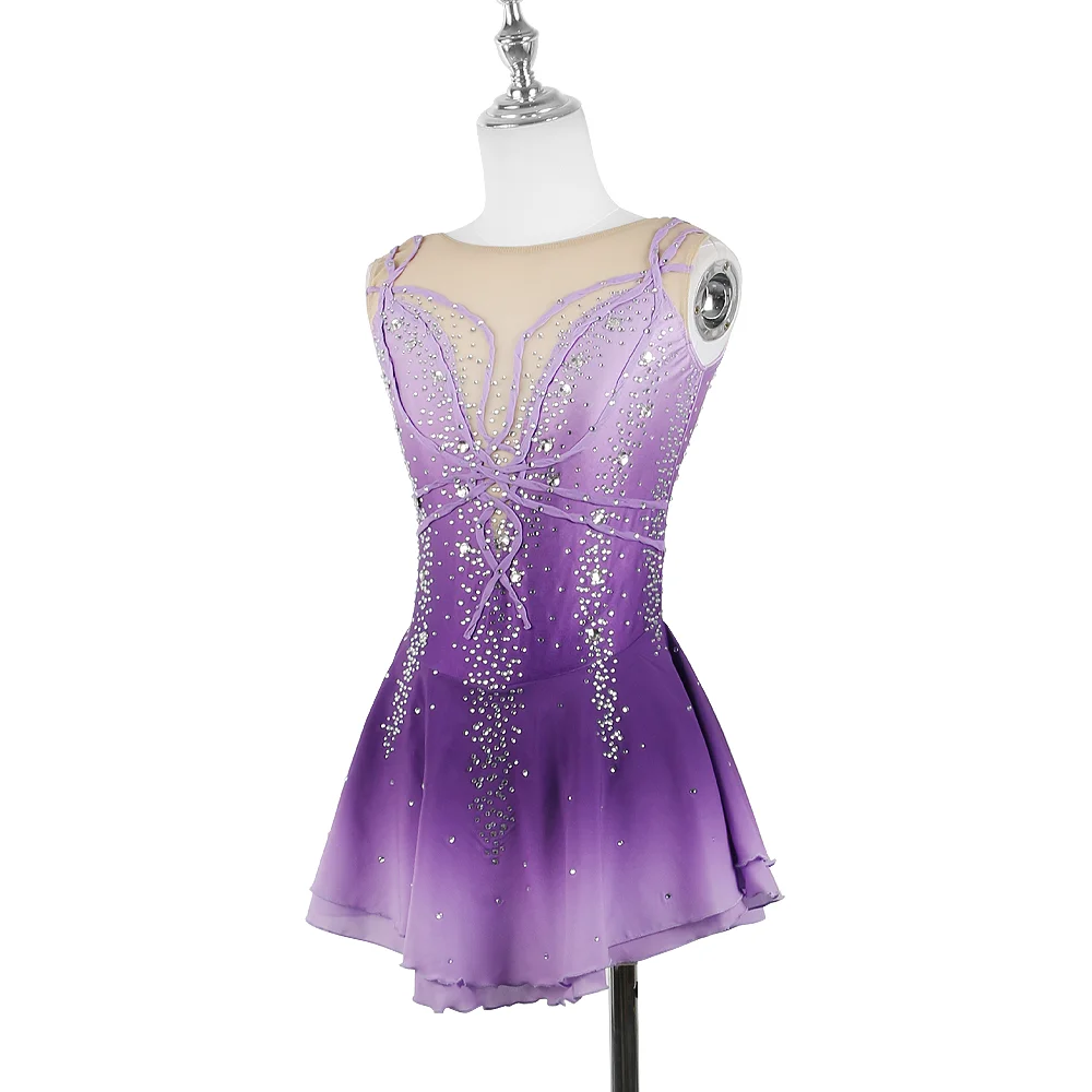 Zagitova Figure Skating Dress For Women Girls Ice Skating Skirt Performance Competition Gradient Purple Gradient sleeveless