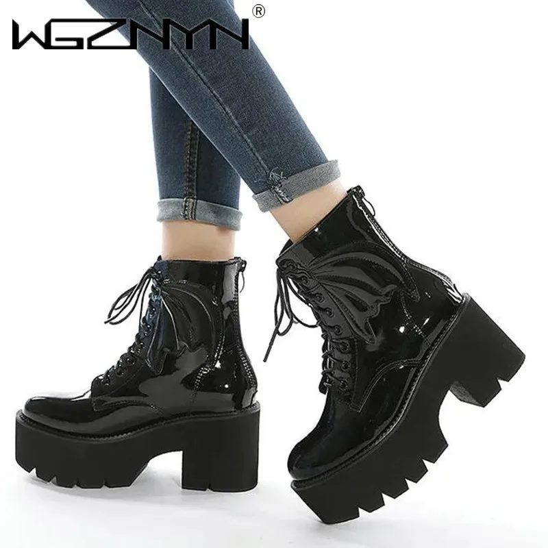 2024 Damskie czarne buty z zamkiem błyskawicznym z tyłu na grubym obcasie Punk Goth Style Lace Up Solid Color Platform Short Boots for Women Fashion