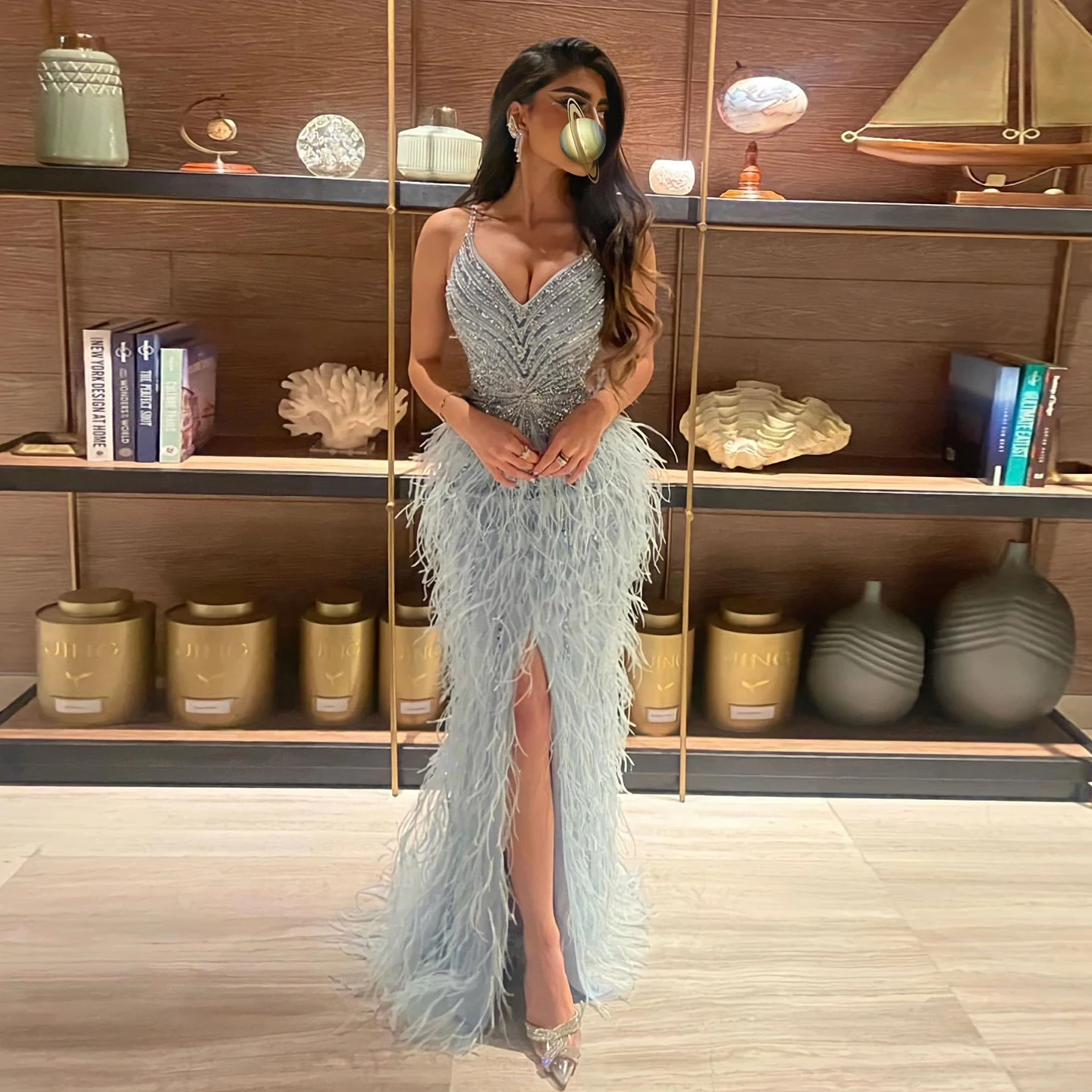 Sharon Said Luxury Beaded Blue Feather Prom Dress Sexy Spaghetti Straps Backless Rose Pink Evening Dress Arabic SS004 Customized