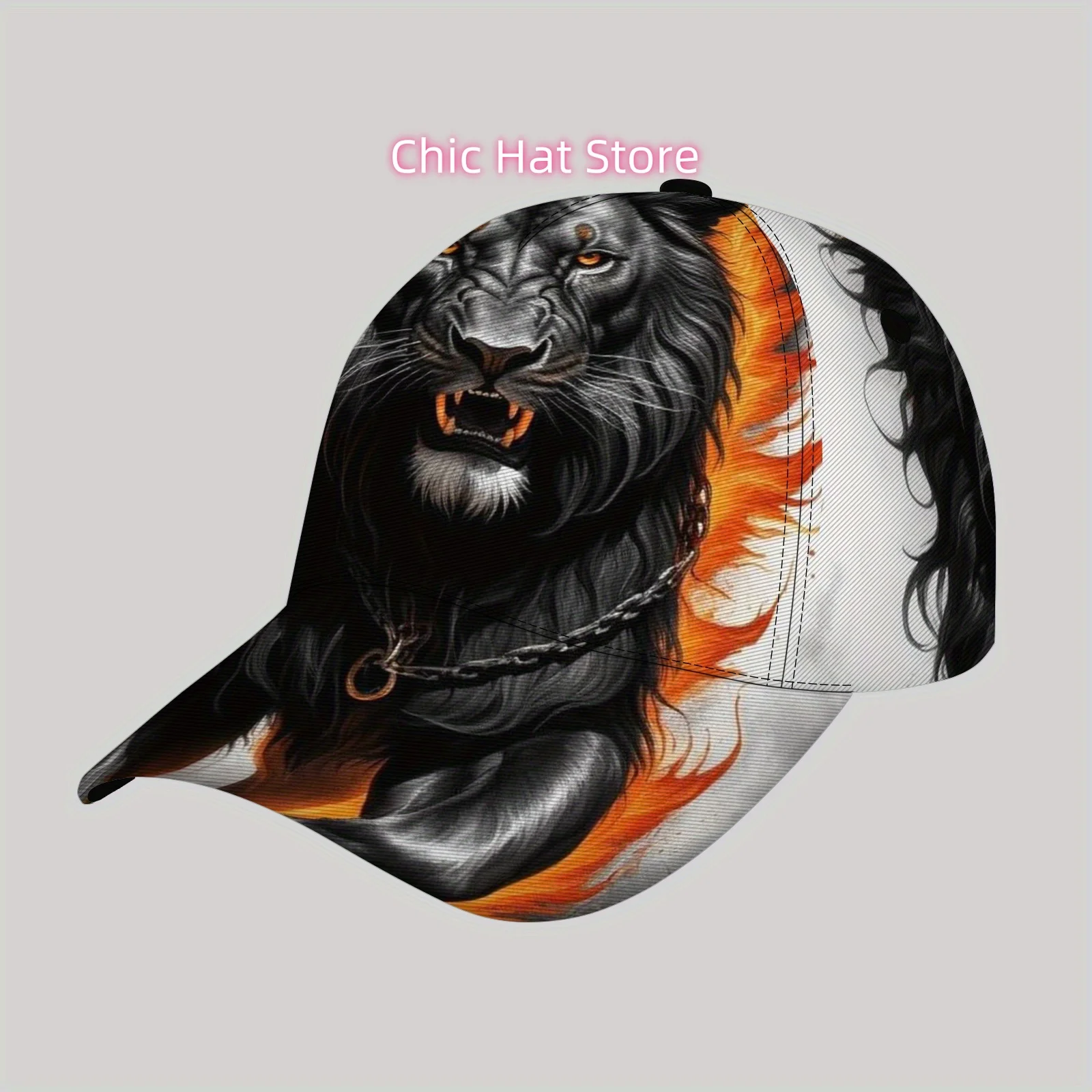 Fashionable and Lightweight Sun Hat, Cool Hip-hop Baseball Cap, Suitable for Beach,Black lion flame iron chain pattern
