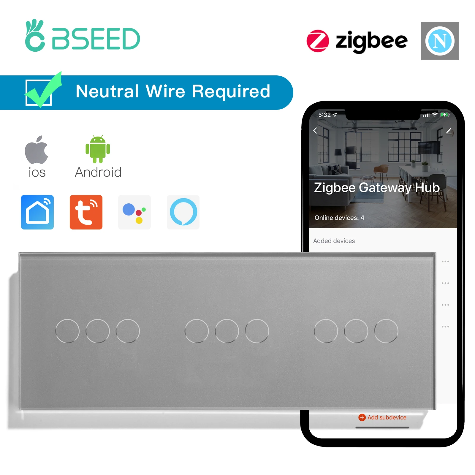 Besamen ZigBee Smart Switch Triple/9gang 2way Smart Touch Lichtsc halter Fernbedienung von Tuya Smart Life Google Home mit Neutral leiter