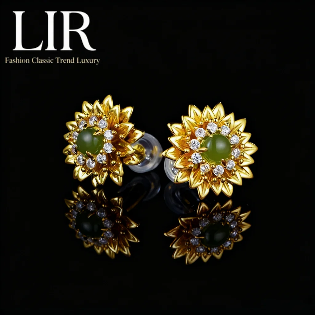 

Серебряные серьги-гвоздики LIR S925: натуральный гэтянь зеленый нефрит "Ромашка" | Модная минималистичная мода + Jewelry Cert