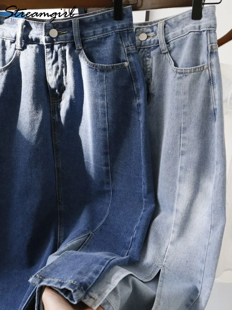 Jupe Midi en jean kaki pour femmes, mode coréenne, longue, fendue sur le côté, été, jupe longue femme, vetement femme