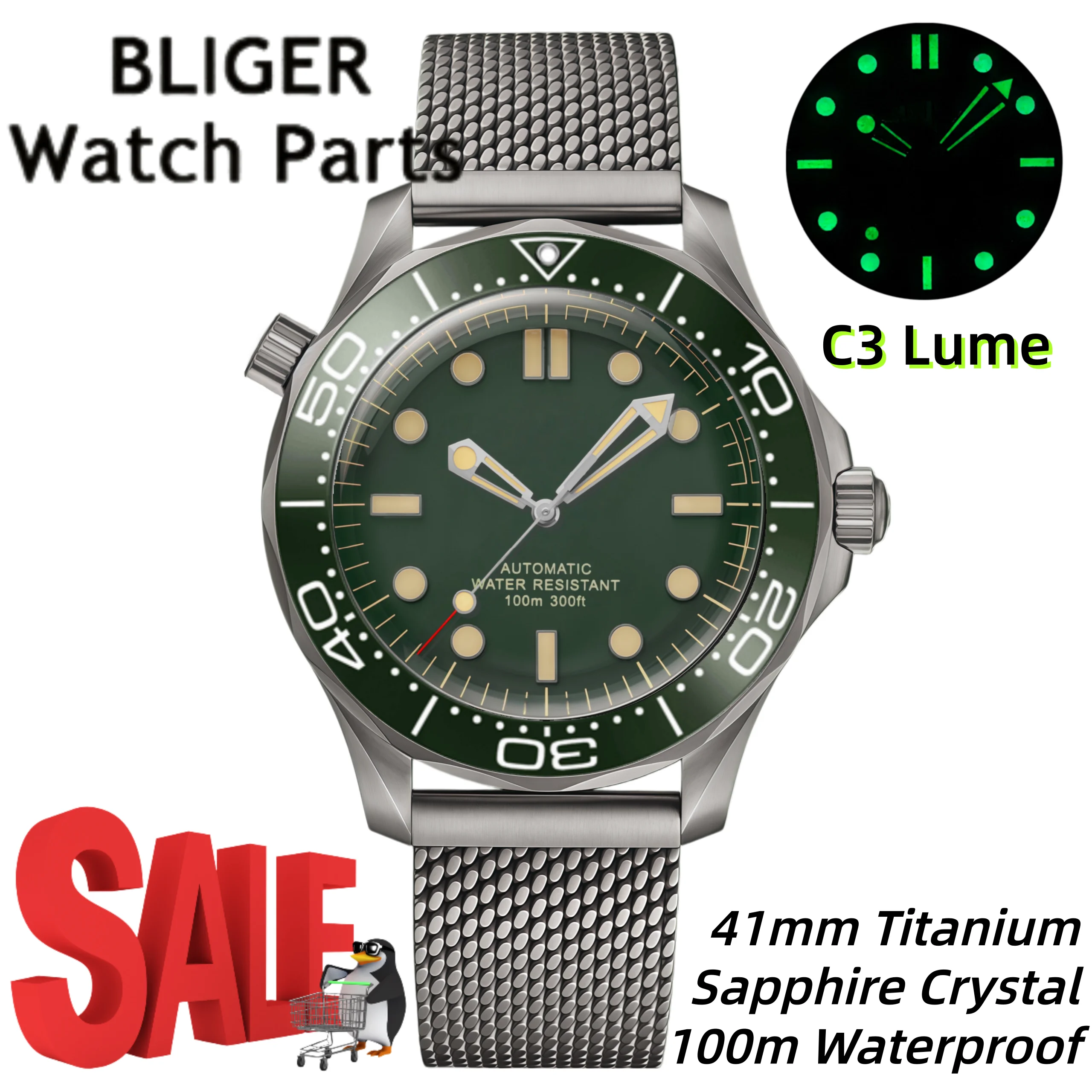 BLIGER 007 NTTD Herrenuhren, 41 mm, Titan, NH35/PT5000, mechanische Uhr für Herren, gewölbtes Saphirglas, Keramiklünette, Stahldiver