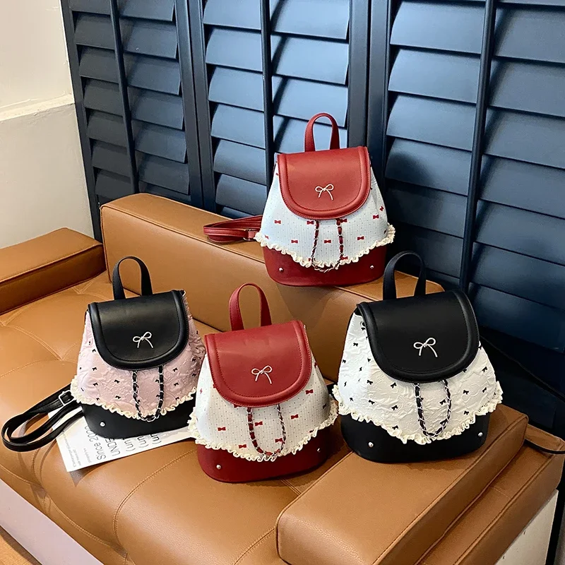 

New Bow Hasp PU Sewing Thread Sweet Fashion Backpacks 2026 High Quality String Simple Versatile Commute School Bags for Women