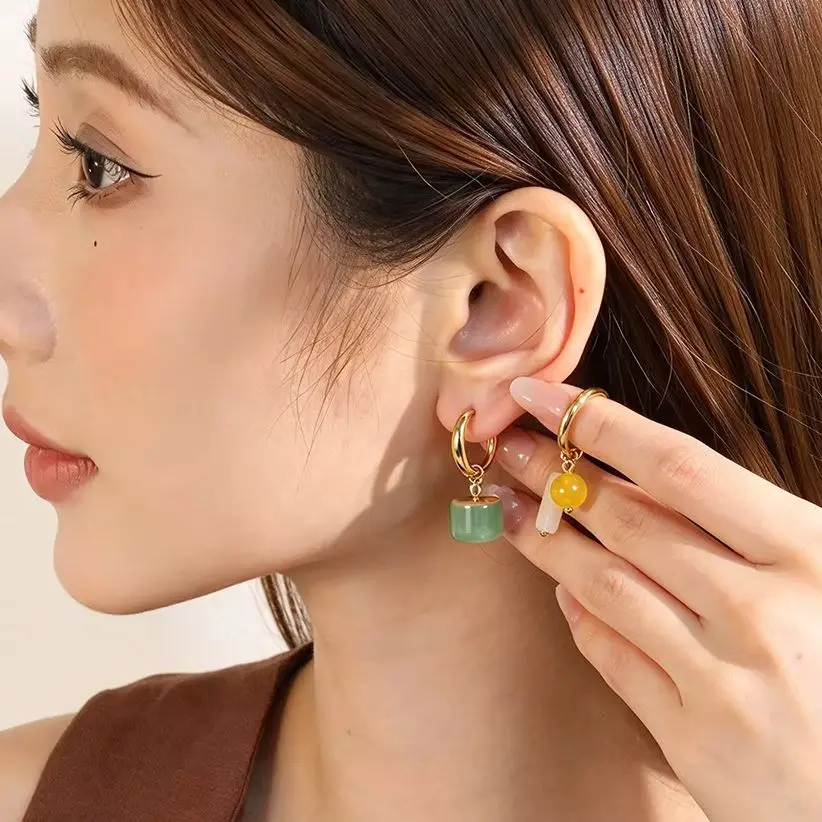 Natural Gemstone Dangle Huggie Earrings Stainless Steel Gold Hoop Drop Earrings Women Elegant Party Jewelry Factory Direct