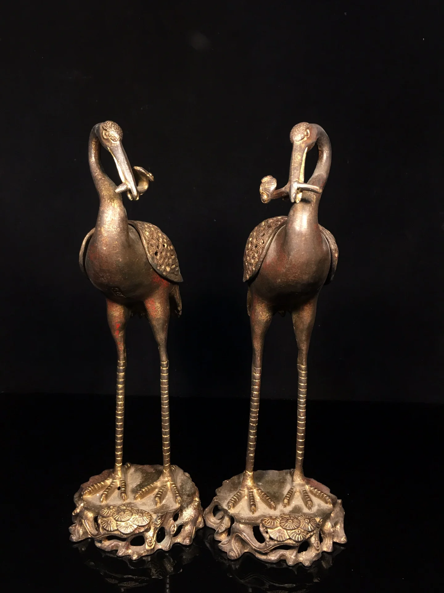 Antique Chinese copper hand-mand crane censer statue,A Pair,36cm(H),Handicrafts, best collection&adornment, Free shipping