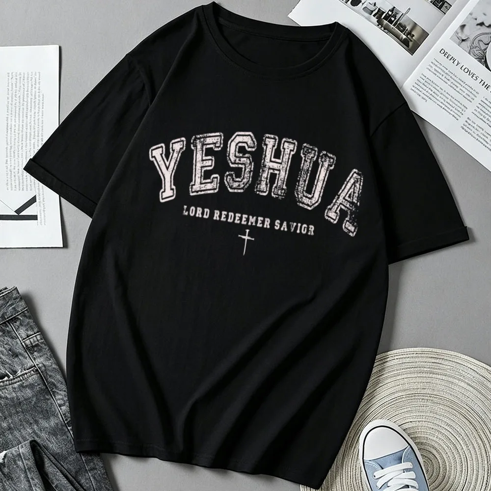 Yeshua Lord Redeemer Savior Cross Graphic T Shirt Unisex Christian Faith Letter Print Short Sleeve Cotton Religious Casual Tops