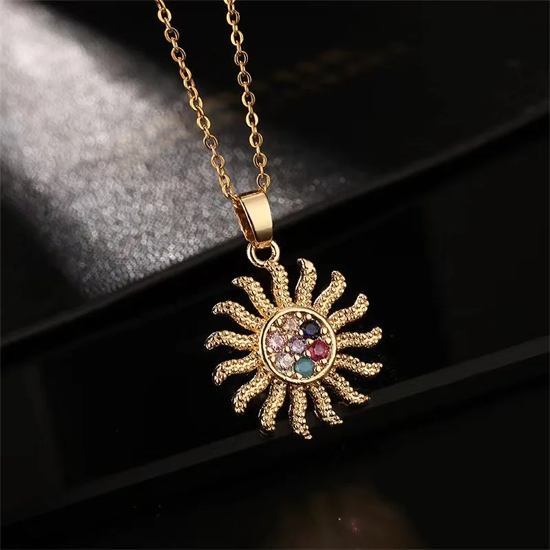 Fashionable Micro-Inlaid Colorful Sun Ray Necklace Classic Luxurious Sunflower High-End Stainless Steel Clavicle Chain