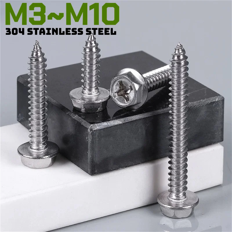 M3 M4 M5 M6 M8 M10 304 Stainless Steel Flat Surface Self-Tapping Phillips Cross Hexagonal Hex Flange Head Screws Length:6~100mm