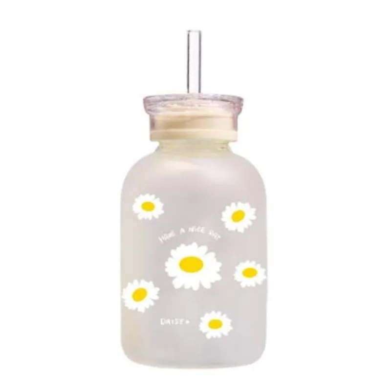 Double lid daisy transparent frosted high borosilicate glass portable ins straw drinking cup