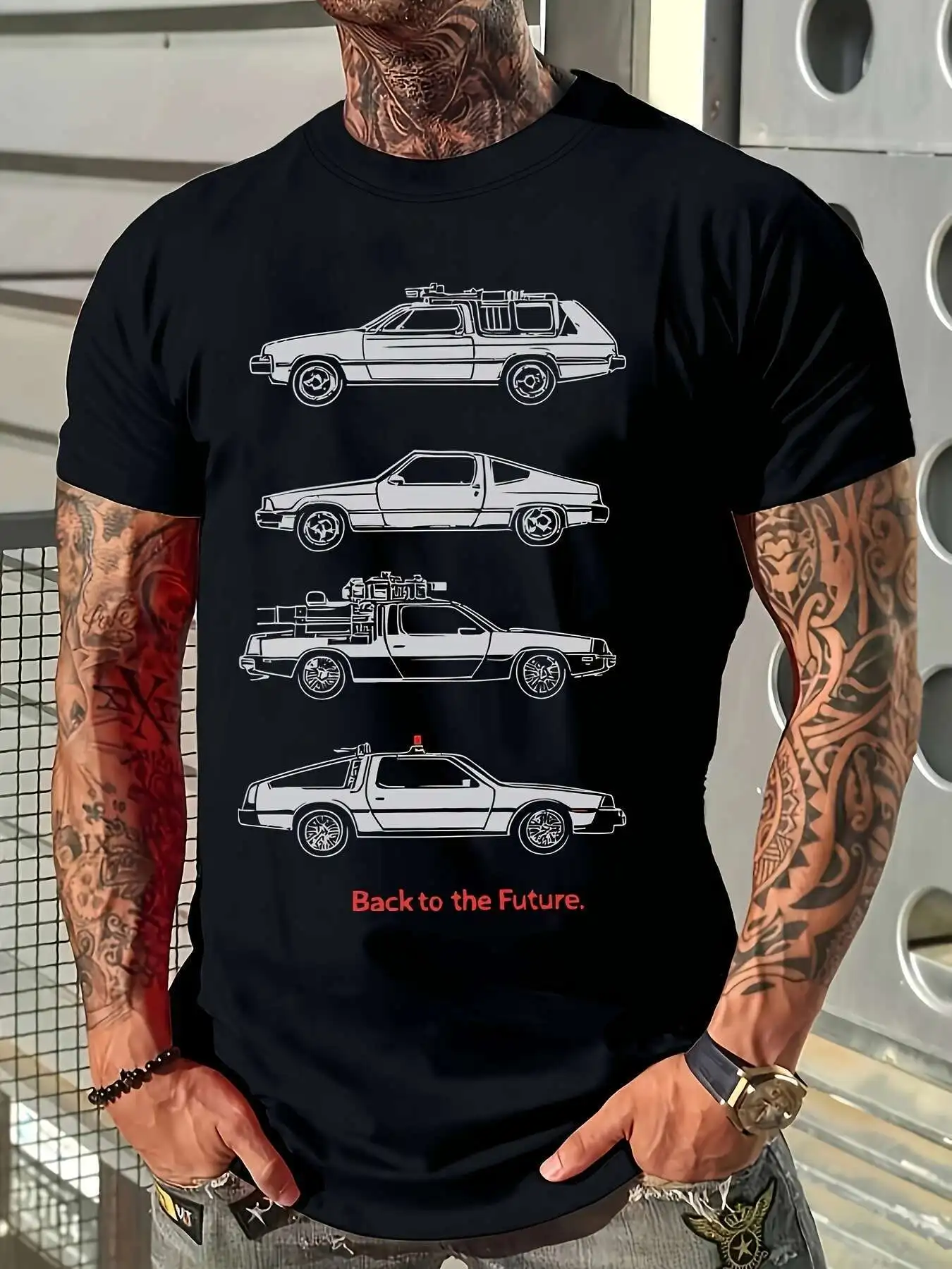 تي شيرت العودة إلى المستقبل DeLorean - تي شيرت كاجوال أسود ريترو، للربيع/الصيف/الخريف #1