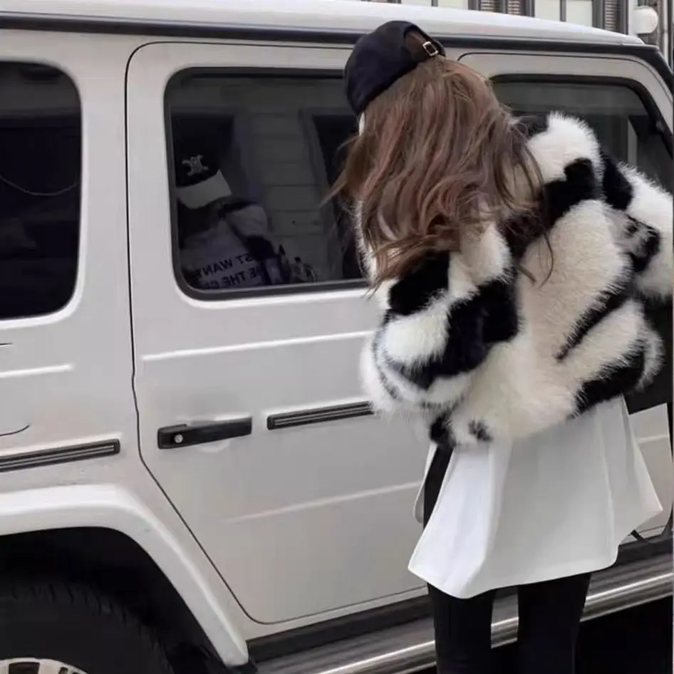 Winter Zebra Striped V neck Short Faux Fur Coat Long Sleeve Warm Shaggy Jacket Loose Outwear