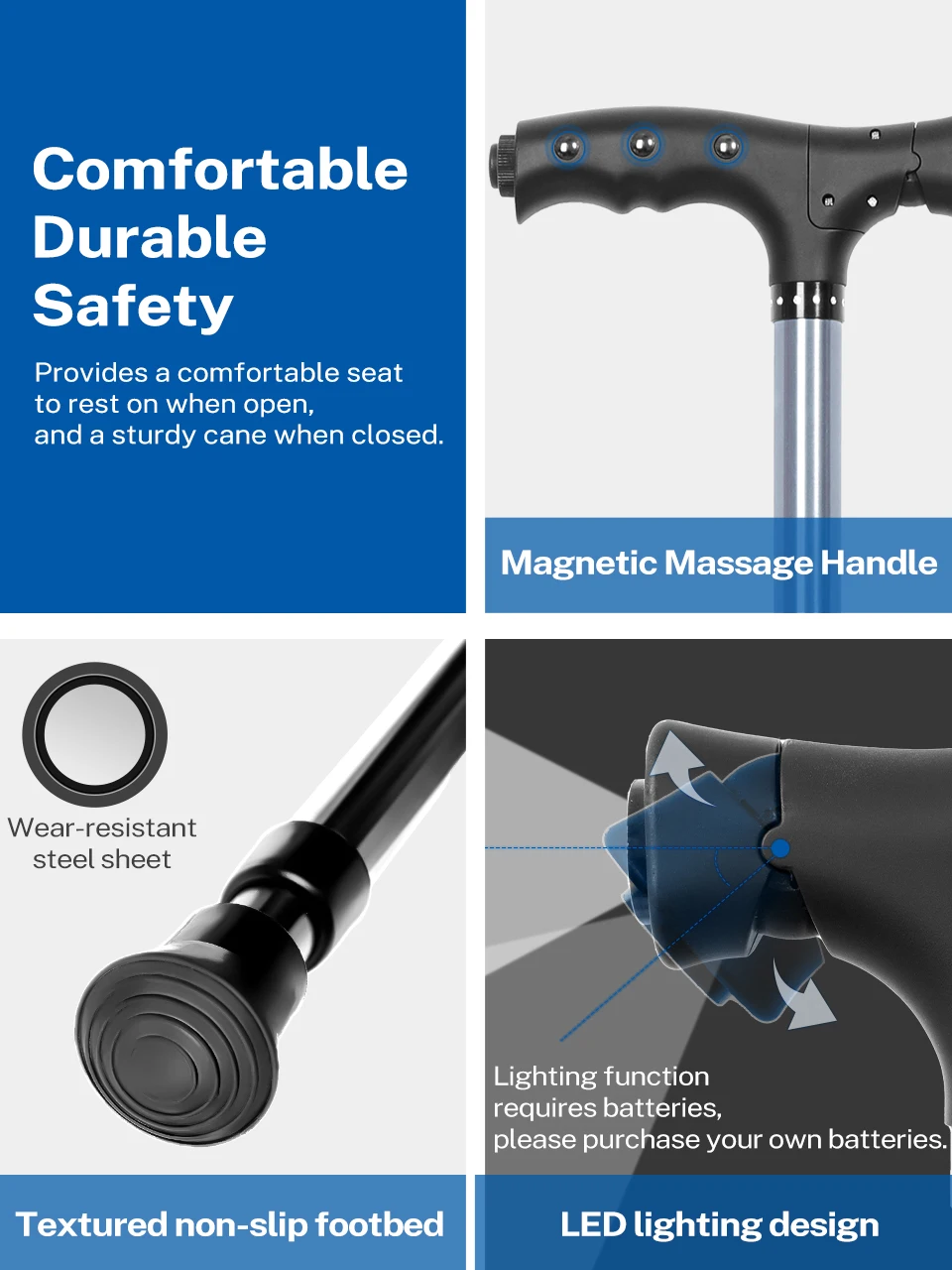 عصا للمشي من Lefeke قابلة للطي مع وسادة مقعد، عكازات قابلة للطي خفيفة الوزن وقابلة للتعديل لإعادة تأهيل الساق كبار #6