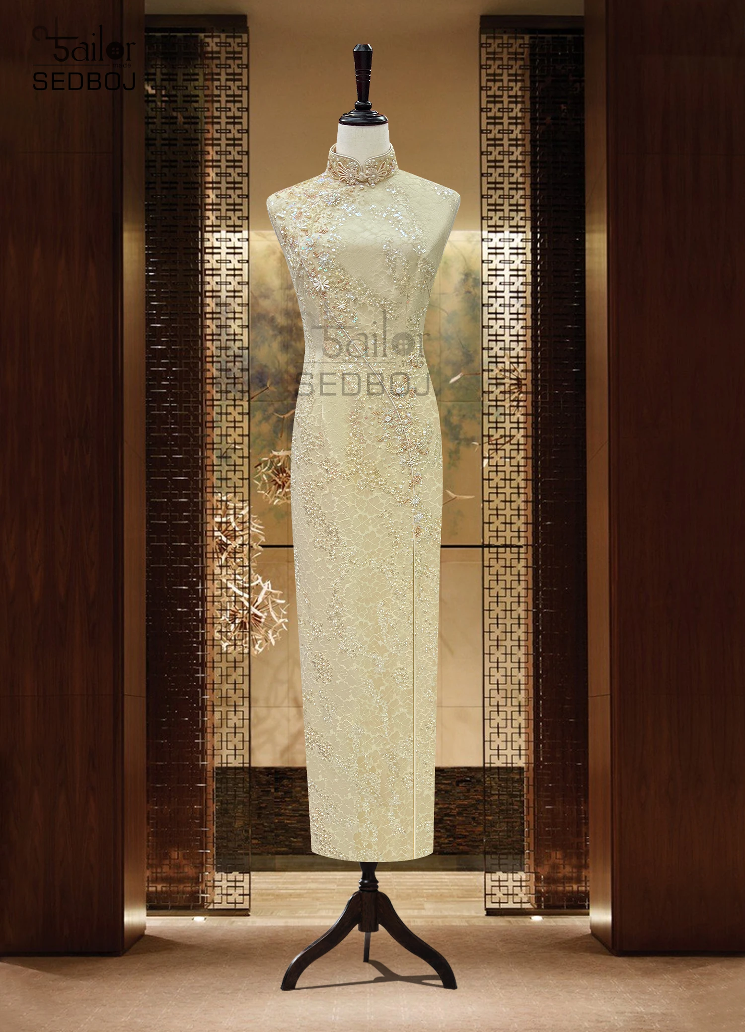 New Chinese style summer exquisite jacquard slim fit gold nail bead cheongsam